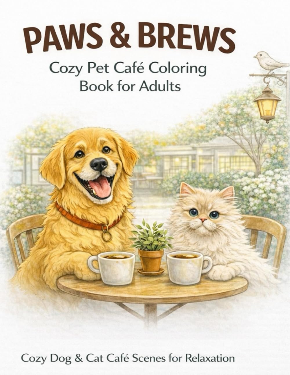 Paws & Brews: Cozy Pet Café Coloring Book for Adults: Relaxing Dog & Cat Café Scenes for Stress Relief , Cute Animals, Cozy Coffee Moments & Single-Sided Coloring Pages