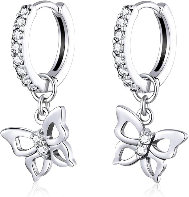 Cute CZ Butterfly Dangle Hoop Earrings for Women Teen Girls S925 Sterling Silver with Charms Huggie Hoops Crystal Drop Cartilage Filigree Jewelry Delicate Fashion Dainty Gift for Dauther