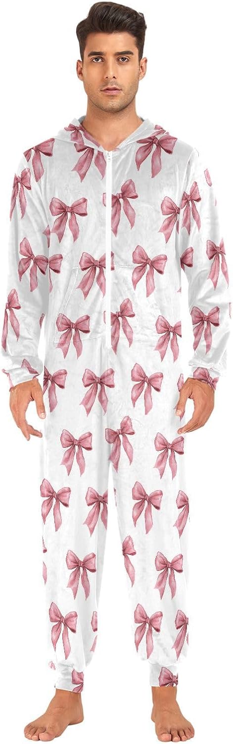 ALAZA Long Pink Bow Adult Onesie Pajamas Set for Men Women Hooded Costume One-Piece Sleepwear Jumpsuit