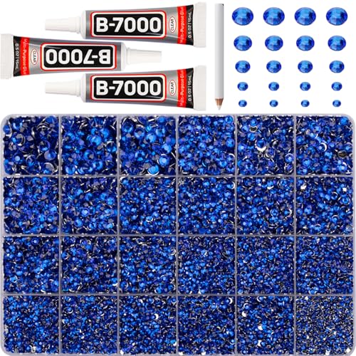 32000Pcs Royal Blue Rhinestones for Bedazzling Different Sizes 2-6mm Flatback Gems Bedazzled Kit with B 7000 Glue Flat Back Resin Rhine Stone Diamond Crystal Gemstone Jewels for Crafting Clothes