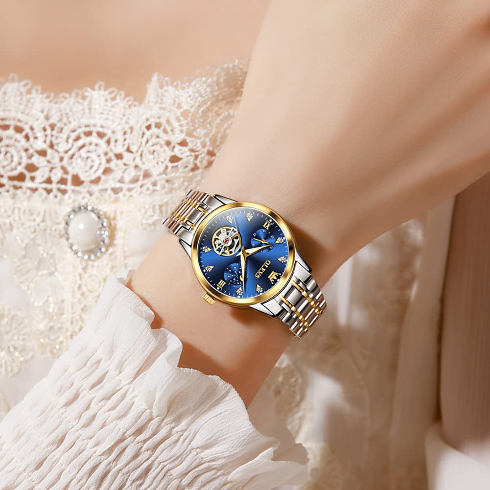 OLEVS Damenuhr Damen Automatik Mechanisch Skelett Diamant Luxus Elegant Edelstahl Wasserdicht Armbanduhr Damen
