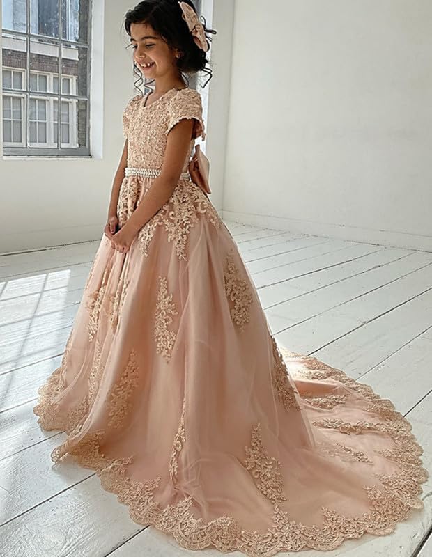 Flower Girl Dress with Sleeves Appliques Bow-Knot Pageant Dresses for Girls Ball Gown Party Dress2