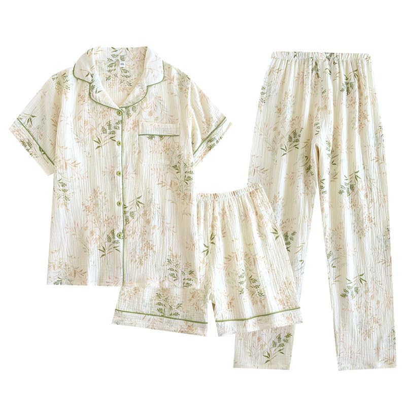 Image of codcm Womens 3pcs Cotton Pajamas Set Short Sleeve Sleepwear Fruit Print Cute Pj Set with Long Pants