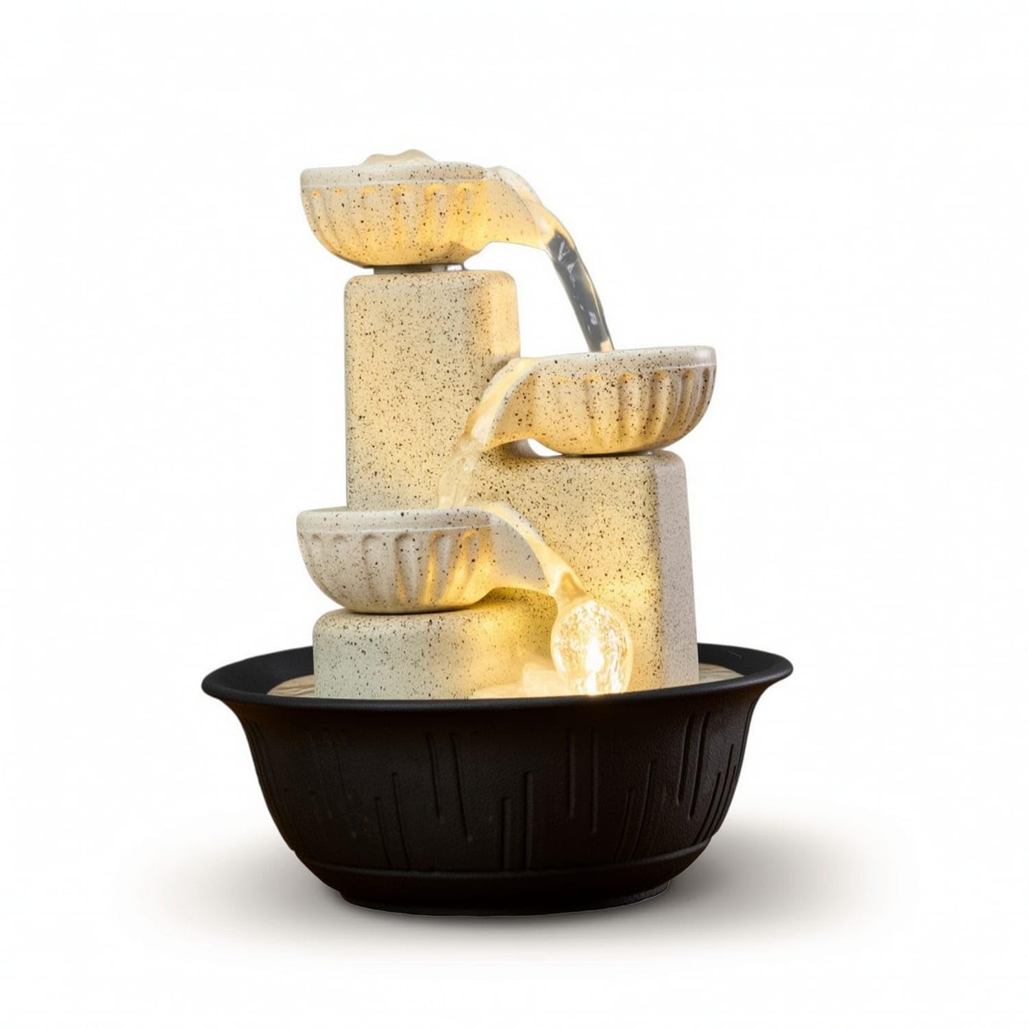 USB-Powered 3-Tier Desktop Fountain Compact Tabletop Water Fountain with Light Illuminated Soothing for Desk, Office, Tea Table, Beige, Black Pot USB Pump-image-33