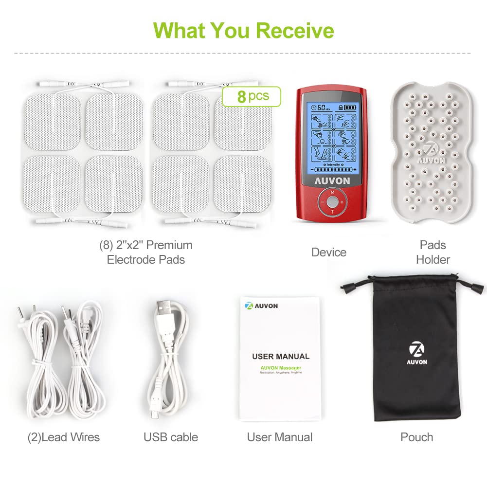 AUVON Rechargeable TENS Unit Muscle Stimulator, 24 Modes 4th Gen TENS Machine with 8pcs 2"x2" Premium Electrode Pads for Pain Relief: Red