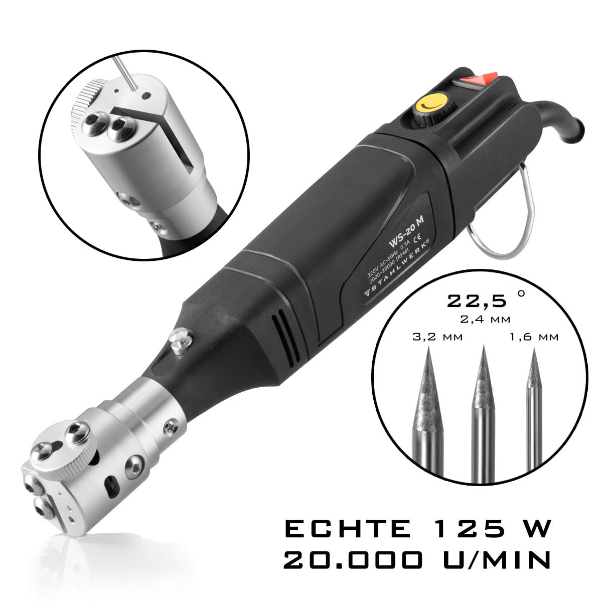 STAHLWERK Wolframschleifgerät (WS-20 M) mit 125 W für Elektroden 1,6–3,2 mm | Handlicher Wolframschleifer mit stufenlos regulierbarer Drehzahl 2.000–20.000 U/min und 25 mm Diamantschleifscheibe