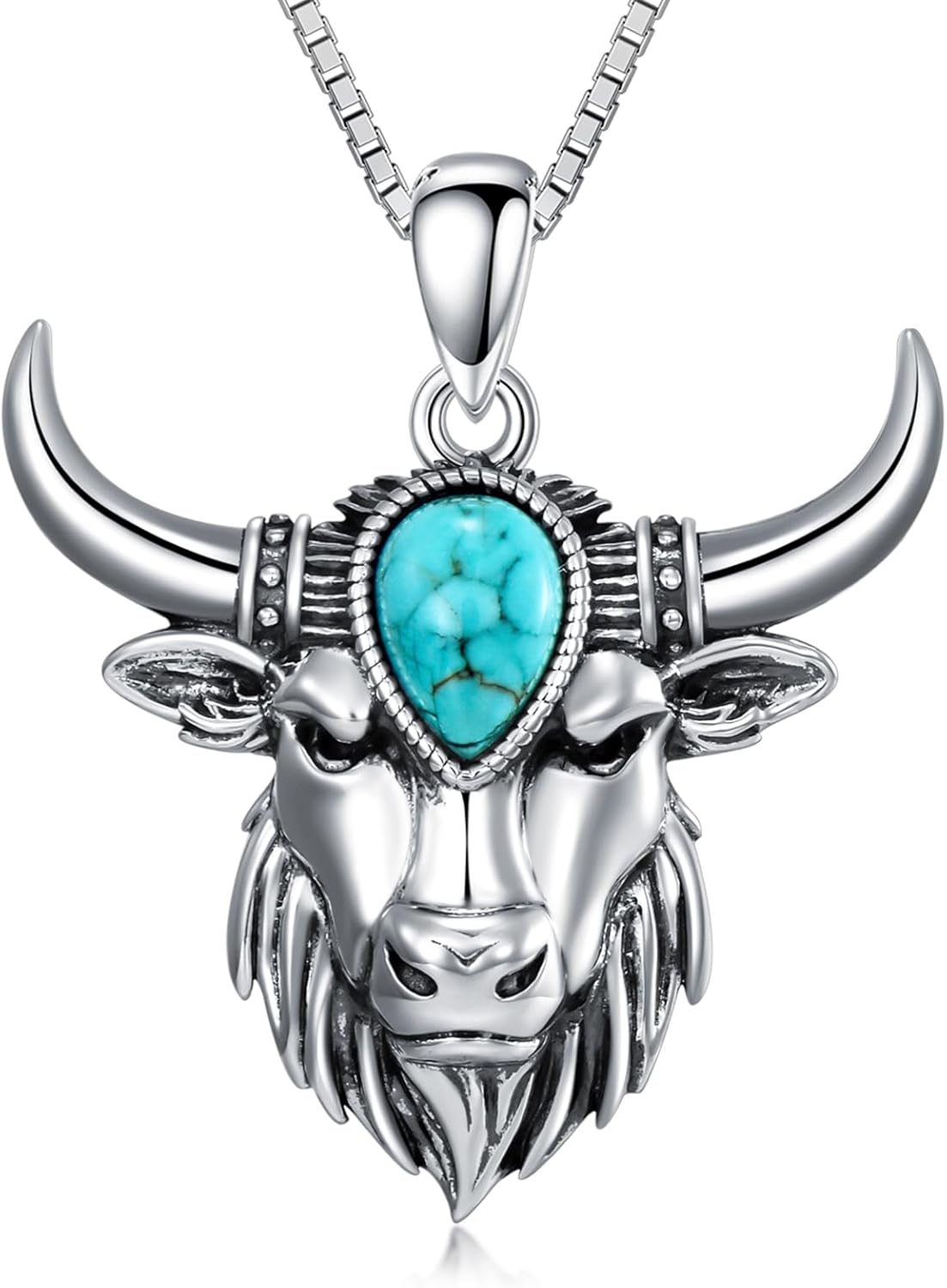 Genuine Turquoise Bull Pendant Necklace, Sterling Silver Boho Native American Vintage Necklace Western Jewelry for Women Men