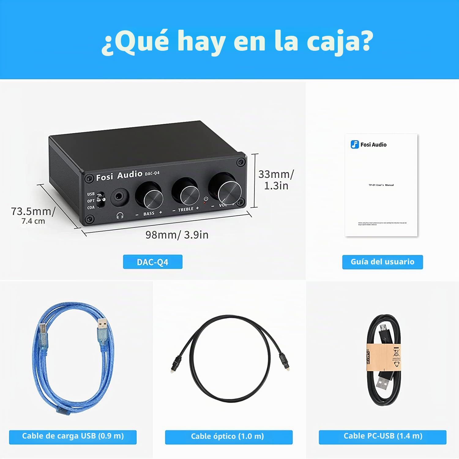 Fosi Audio Q4 Amplificador de Auriculares Convertidor DAC, Mini Amplificador Estéreo Digital a Analógico, USB Coaxial Óptico a Conector AUX RCA de 3,5MM, para Altavoces Activos de Escritorio
