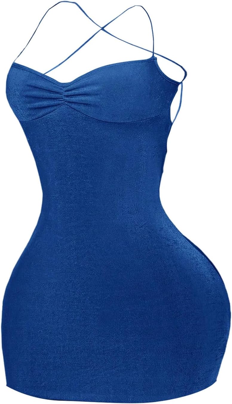 SOLY HUX Women's Summer Mini Dress Criss Cross Lace Up Backless Ruched Bodycon Cocktail Party Cami Dresses Pure Royal Blue Small