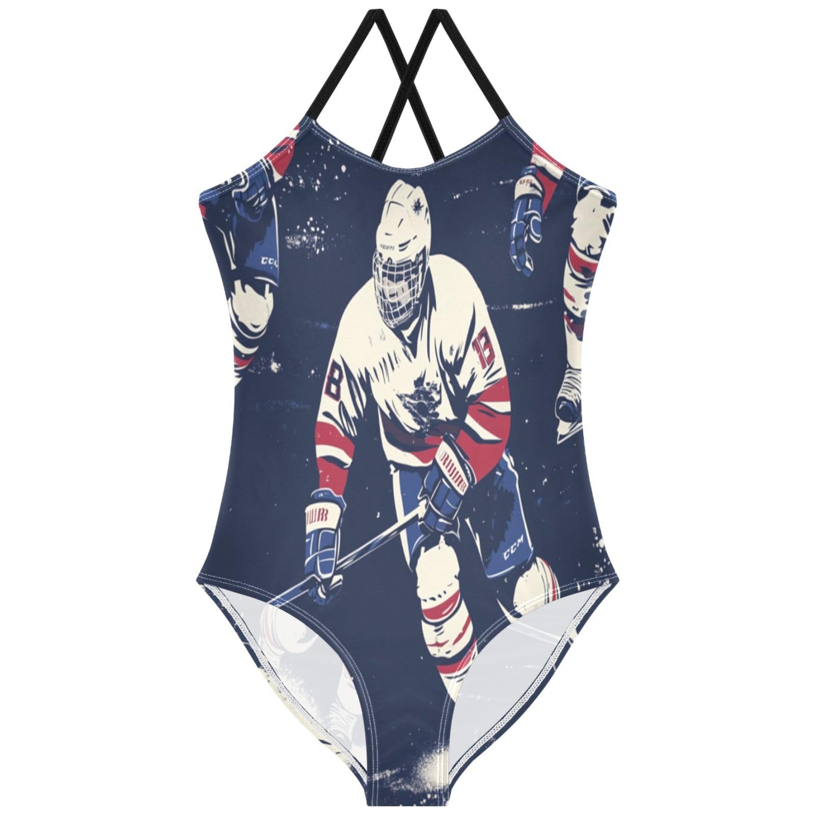 Pigsaly Girls One Piece Swimsuits Vintage Blue Red Ice Hockey Player Kids Cross Back Swimwear Beach Sport Bathing Suit 5T-6T