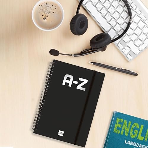 Finocam - Alphabetisches Register mit doppelter Spiralbindung und Gummibandverschluss | 48 Blatt | Terminplaner alphabetisch A5 mit doppelter Spiralbindung - Farbe Schwarz