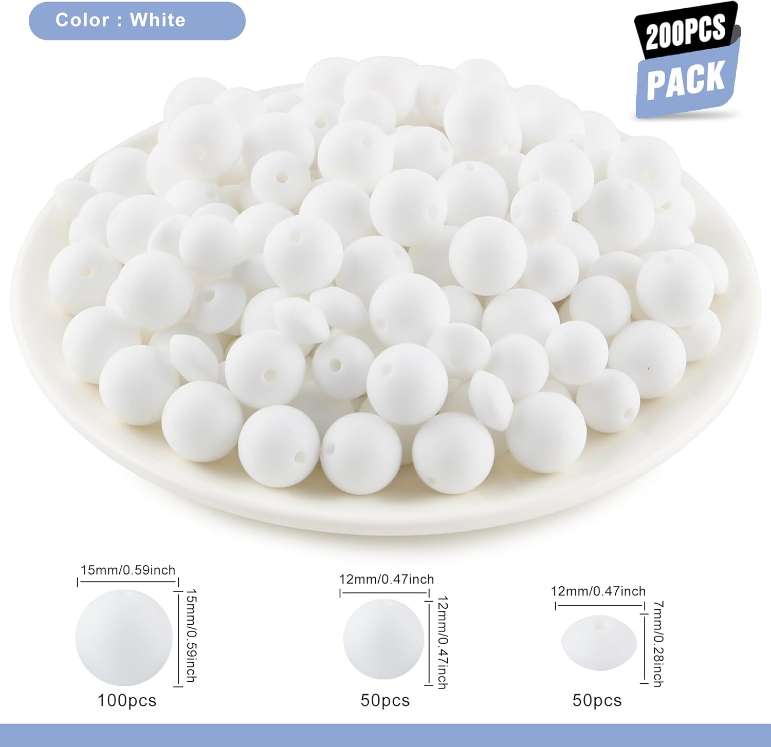 200Pcs Mixed 12mm 15mm Silicone Beads for Keychain Making, 12mm Lentil Silicone Beads for Pens Bracelet Necklace DIY Crafts(White) - Image 2