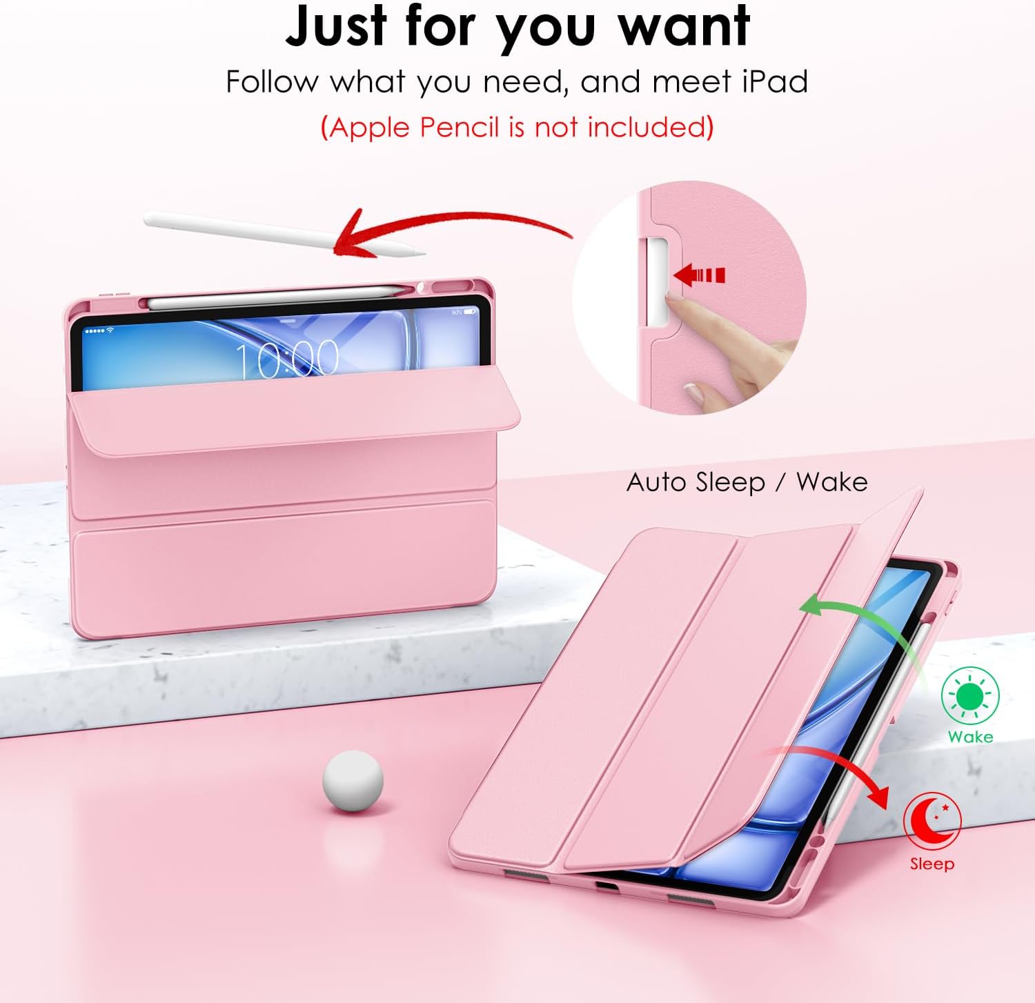 DTTO for iPad Air 13 Inch Case M4/M3/M2 2026/2025/2024, iPad Pro 12.9 Inch Case (6th/5th/4th/3rd Gen), Smart Slim Trifold Stand Soft Cover with Pencil Holder, Pink