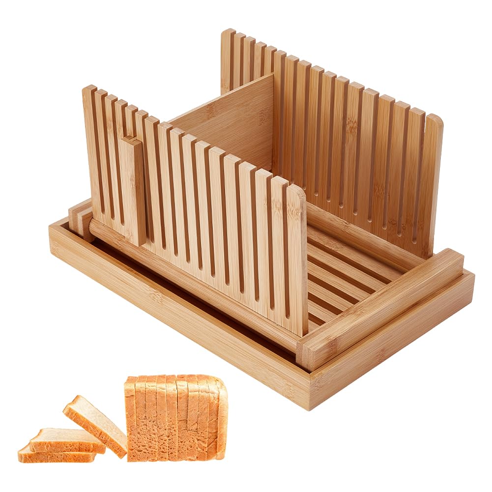 UNICRAFTALE Trancheuse à Pain Réglable en Bambou avec Bac à Miettes Coupe Pain Guide de Découpe pour Maison pour Bagels Cakes Pains au Levain Gadgets de Cuisine Ensemble Cadeau 32.2x21.6x17cm
