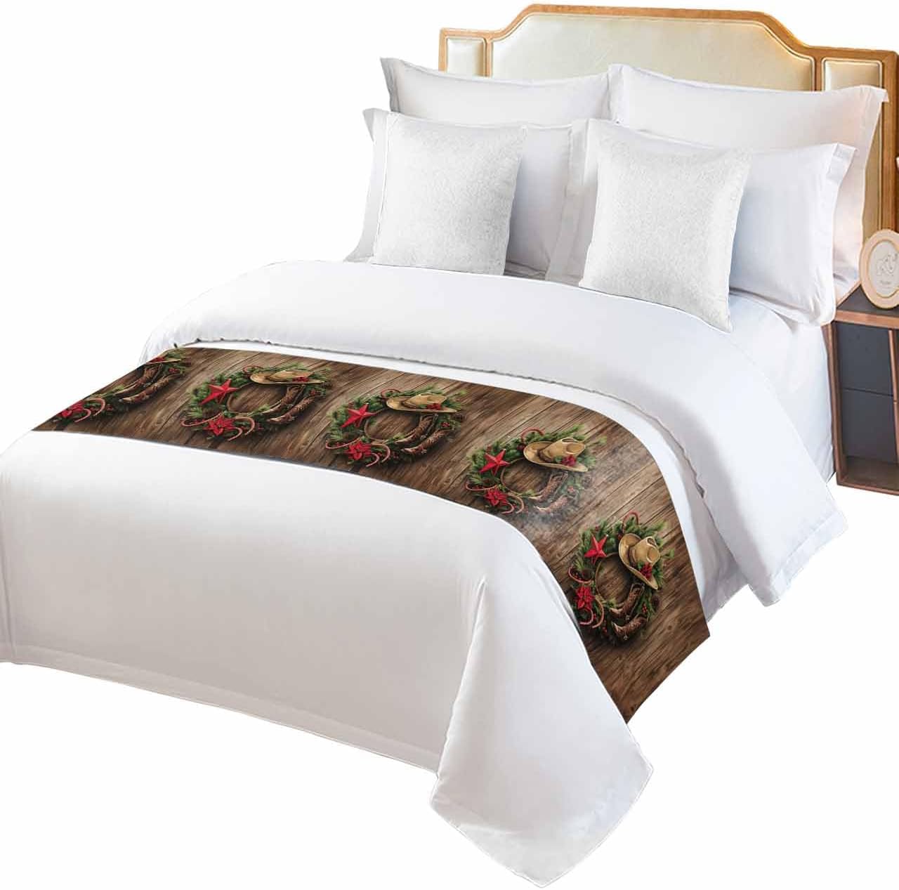 King Bed Runner Christmas Western Farm Cowboy Boots Poinsettia Flower Bedding Runner Scarves Decorative Bed Scarf, Xmas Tree Soft Bed Runners for Bedroom Hotel Wedding 102x20IN