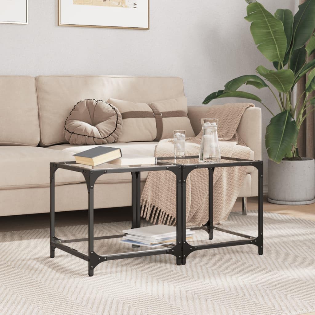 Tables Basses en verre et acier de 40 cm, lot de 2 gain de place pour l'intérieur