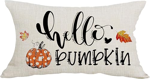 Black Word Art Hello Pumpkin Día de Acción de Gracias, otoño, Y'all, funda de almohada lumbar decorativa, funda de almohada para sofá, cama, disponible en Yaxa Peru