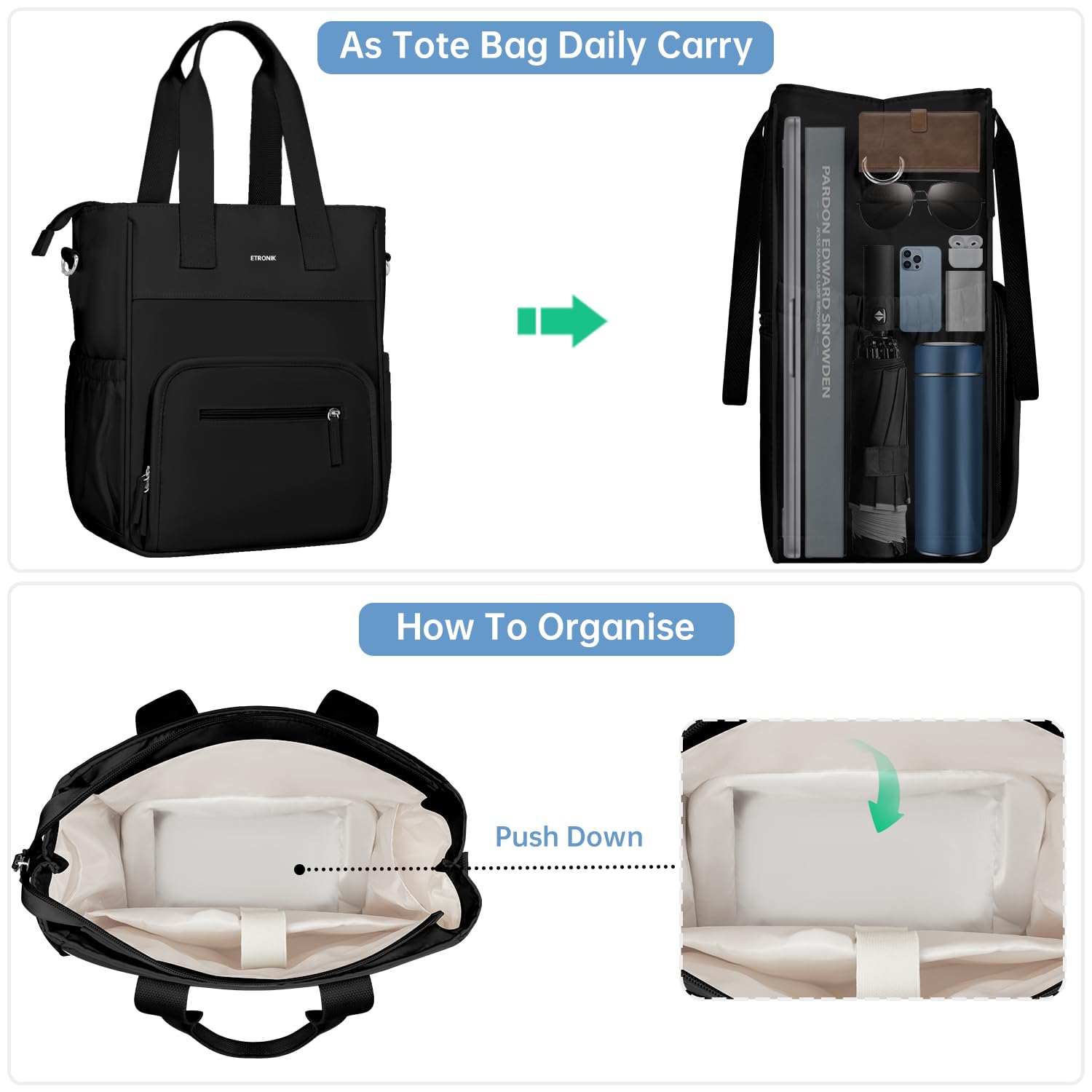 ETRONIK Womens Lunch Bag, Large Insulated Lunch Box with Laptop Compartment, Wide-Open Cute Lunch Tote Bag with Removable Strap, Tote Cooler Bag Leakproof for Work Picnic Camping Beach, Black