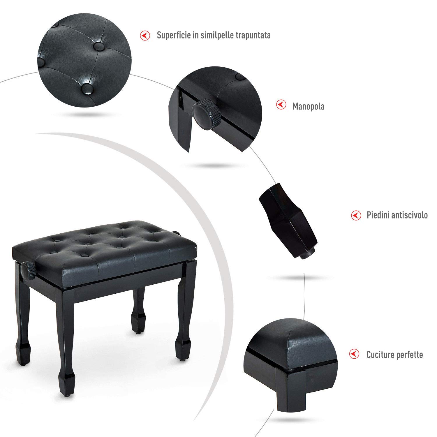 HOMCOM Sgabello Panca per Pianoforte con Altezza Regolabile 45-55cm, in Legno e pelle PU Nera