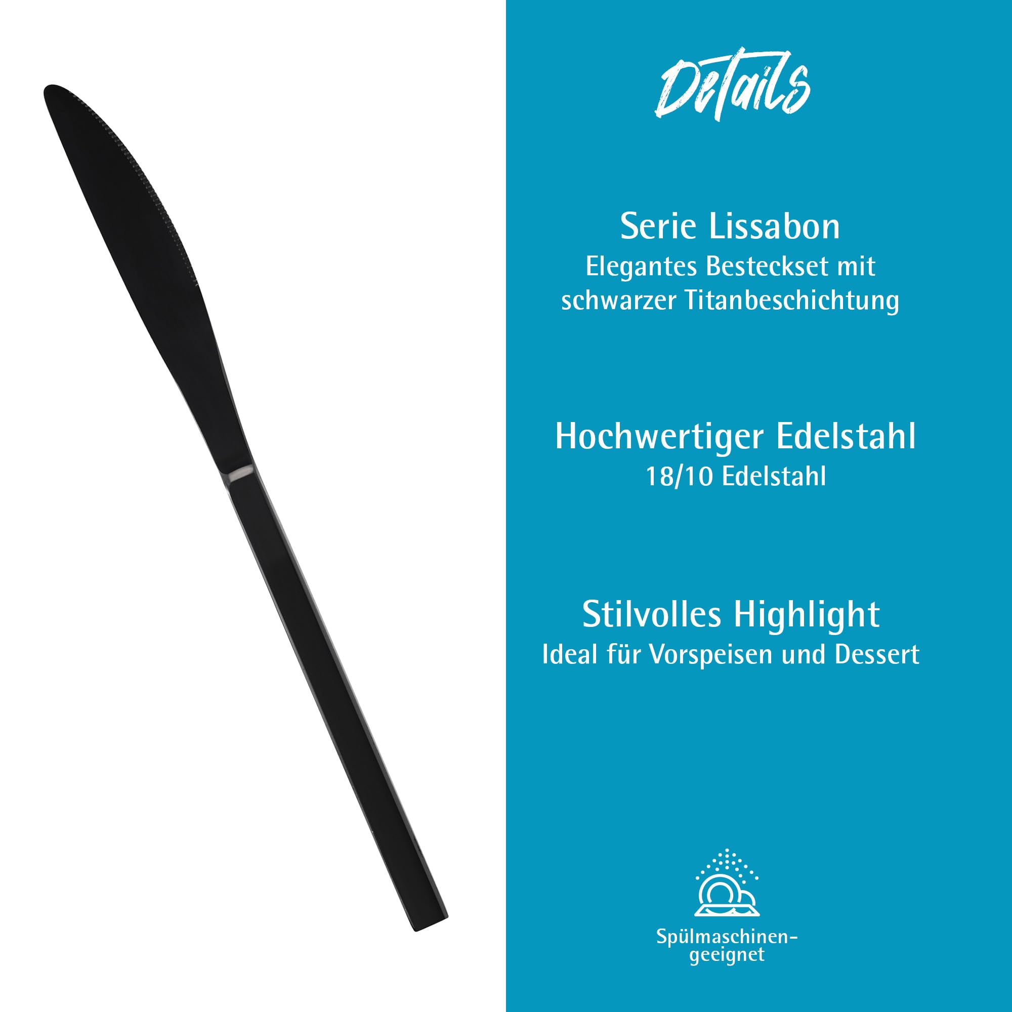 GRÄWE Dessertmesser, schwarz, 6 Stück, spülmaschinengeeignet, Besteck für Nachtisch, kleine Tafelmesser, titanbeschichtet, Nachtischmesser, Serie Lissabon