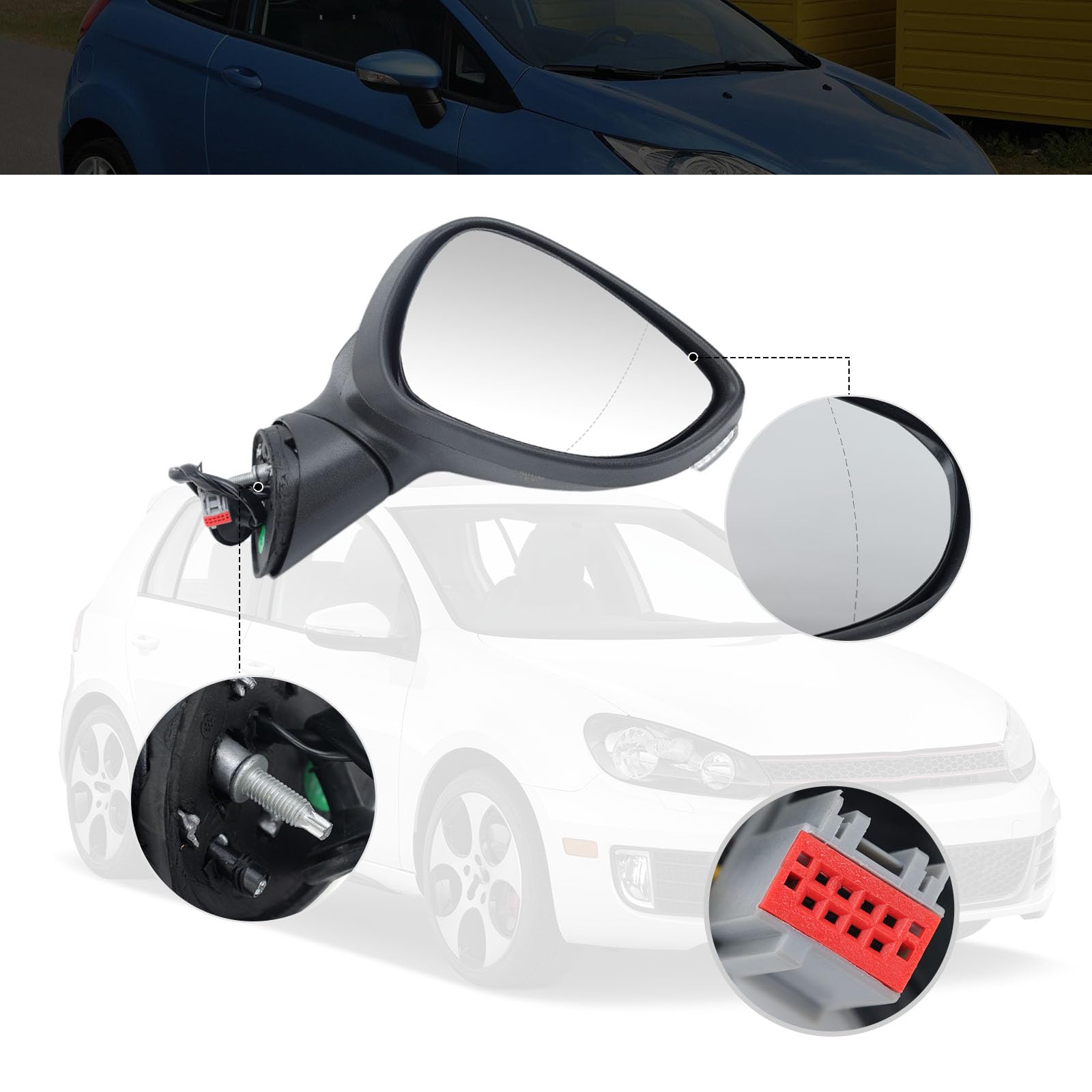 Außenspiegel Rechts elektrisch verstellbar beheizt, 8-Pin Anschluss, passend für Ford Fiesta MK7 2008-2012, grundierte Abdeckung Manuell einklappbar mit Blinker