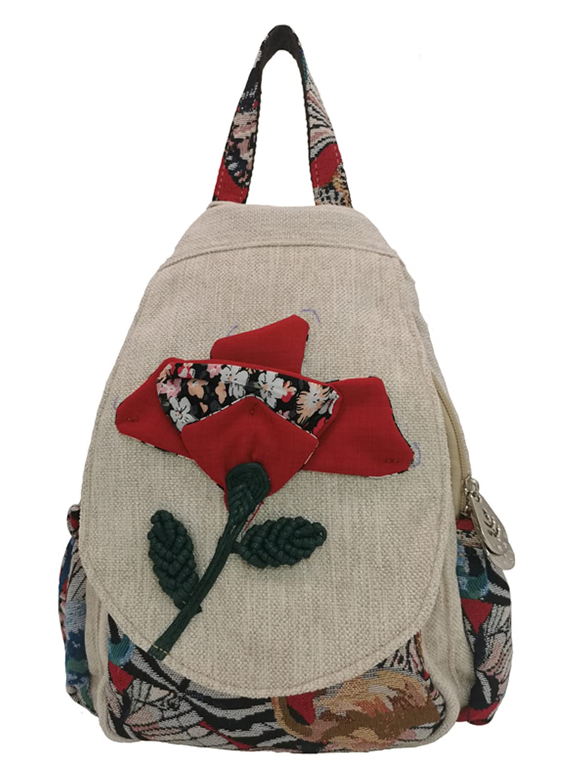 Women Cotton Woven Bohemian Hemp Boho Canvas Embroidery Multi Pocket Retro Cute Backpack Wallet Backpack（Yutu Moon）