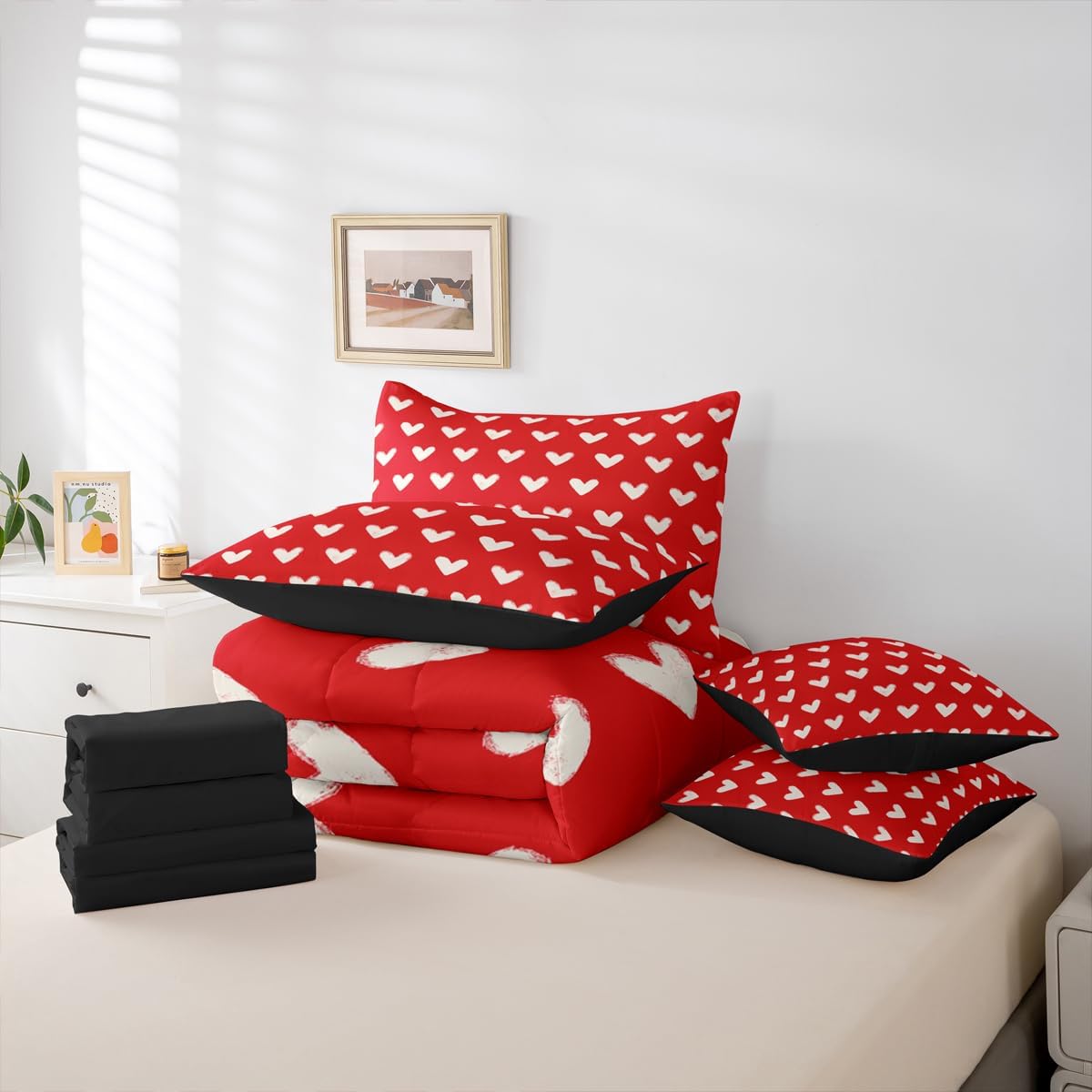 Erosebridal Red White 7 Pcs Comforter Set King Cute Heart Pattern Bed in a Bag for Kids Boys Girls Valentine Day Quilt Cartoon Love Geometric Sheet Set Love Heart Soft Warm Bedding Set Bedroom Decor