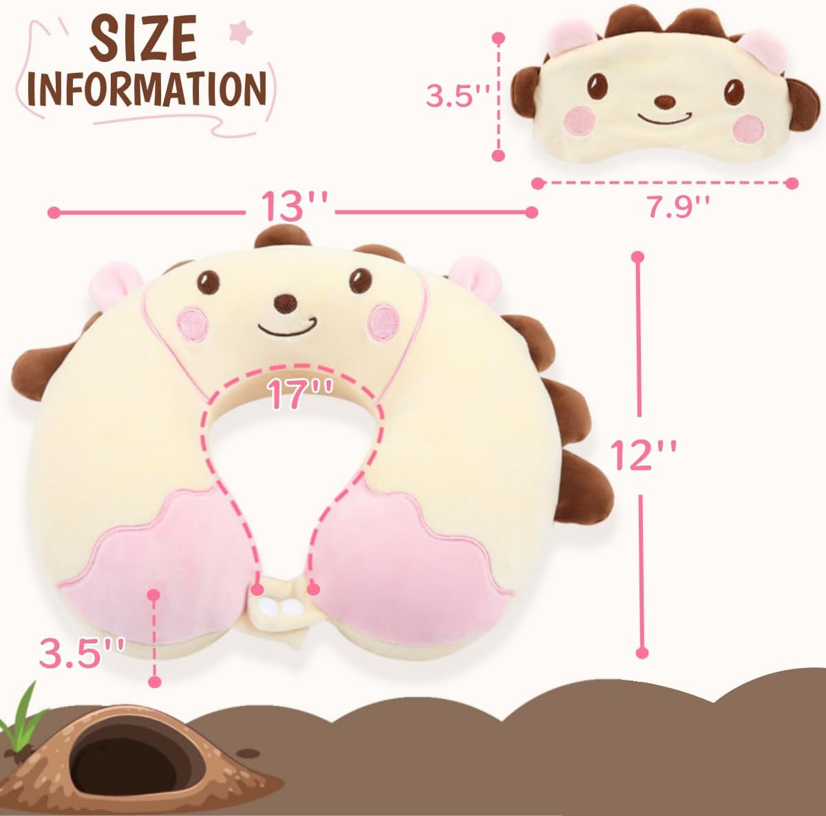 Sexysamba Travel Pillow for Kids Adults with Sleep Eye Mask Cute Cartoon U Shaped Memory Foam Neck Pillows for Travel Head Rest & Neck Support for Airplane, Car, Office Sleeping, Cream Hedgehog