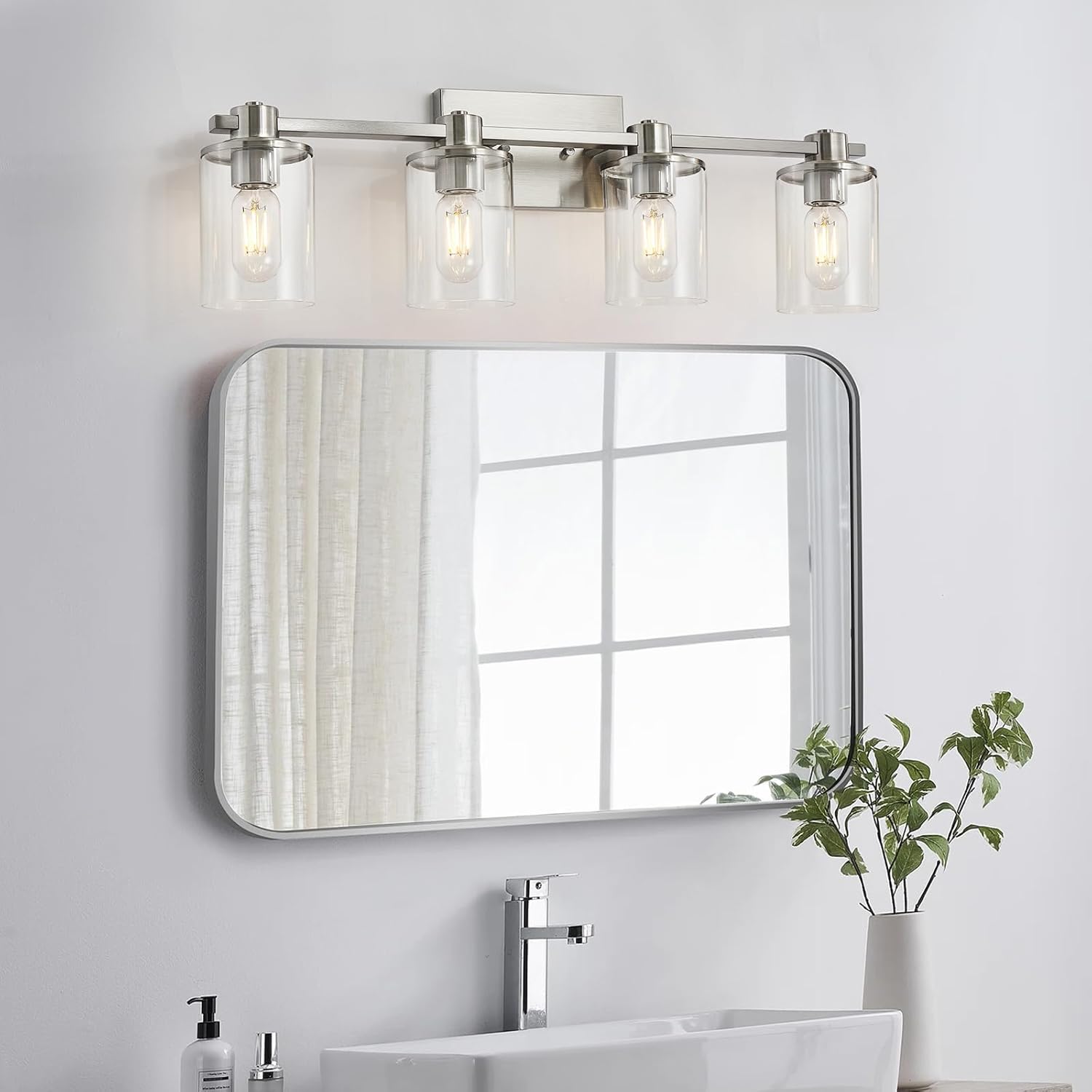 DUJAHMLAND 4 Light Bathroom Vanity Light, Brushed Nickel Bathroom Light Fixtures Over Mirror, Vanity Lights with Clear Glass Shade, Bathroom Light Indoor Decorative and Renovation