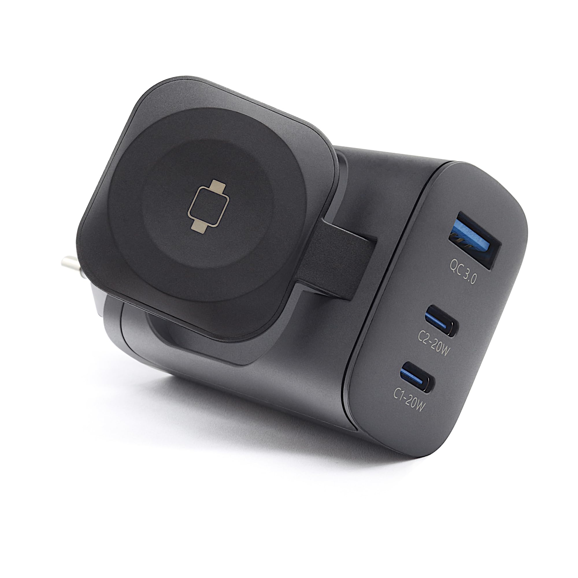 REALPOWER PC-43 Watch ładowarka, 43 W, 2 x USB-C PD 20 W, USB-A QC3.0 18 W, bezprzewodowa 3 W, 47 x 28 x 103 mm, 103 g, 100-240 V, 1,0 A