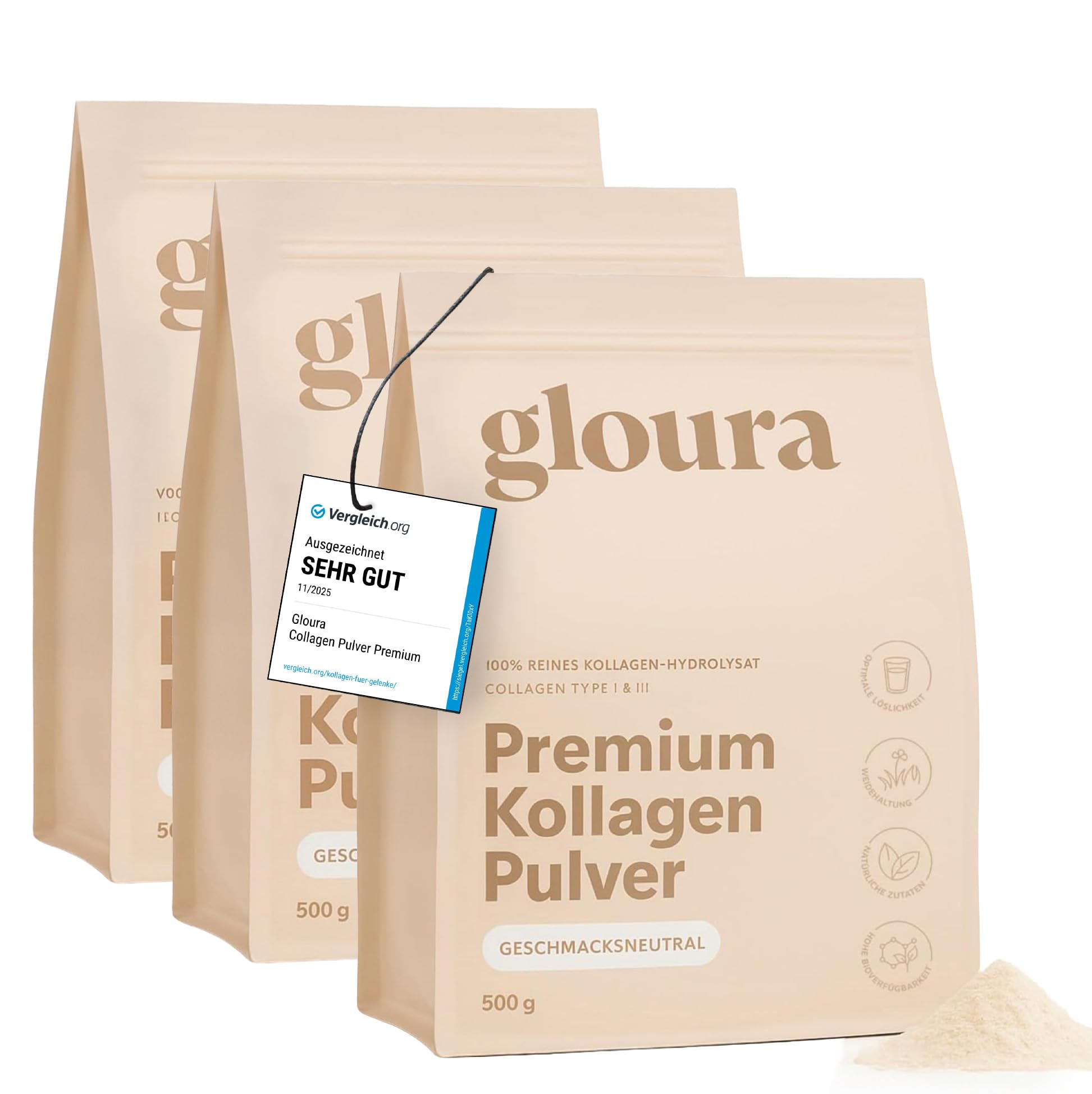 Gloura Premium Kollagen Pulver, 100 % reines Collagen Hydrolysat, 500g