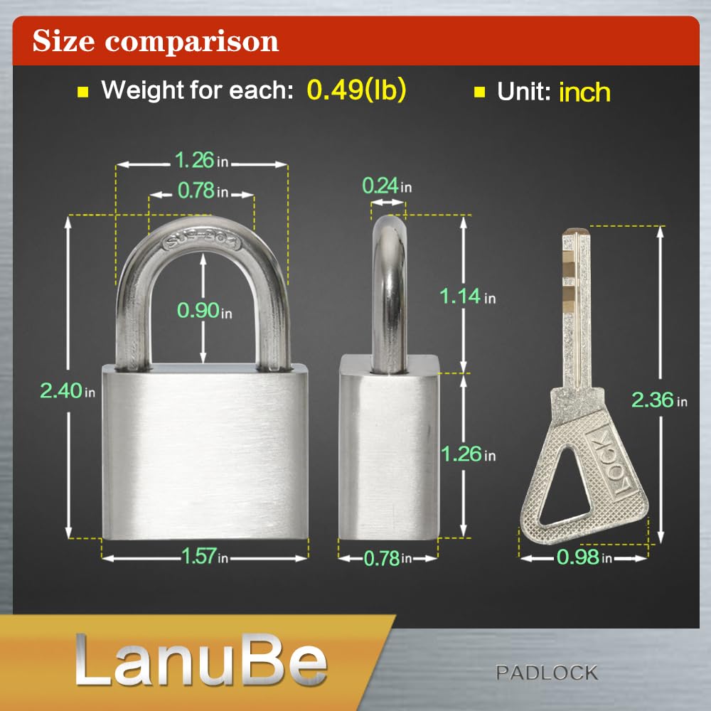 LanuBe - Candado de acero inoxidable 304 con llaves idénticas para uso en exteriores, cuerpo de 4,5 cm de ancho, cuerpo de acero inoxidable, asa normal