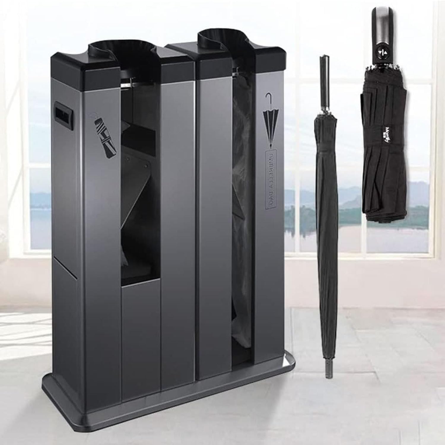Dispenser automatico di sacchetti per ombrelli bagnati, uso commerciale e pubblico, insaccatrice efficiente per giorni di pioggia, ecologico, funzionamento a mani libere, design salvaspazio