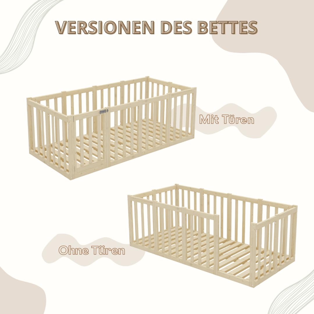 Kinderbett 140x200 cm – Montessori Bodenbett mit Hohem Rausfallschutz 73cm und Öffnbarer Barriere - Natürlichem Holz mit Glatter Oberfläche - Perfekt für Jungen und Mädchen Crazy John