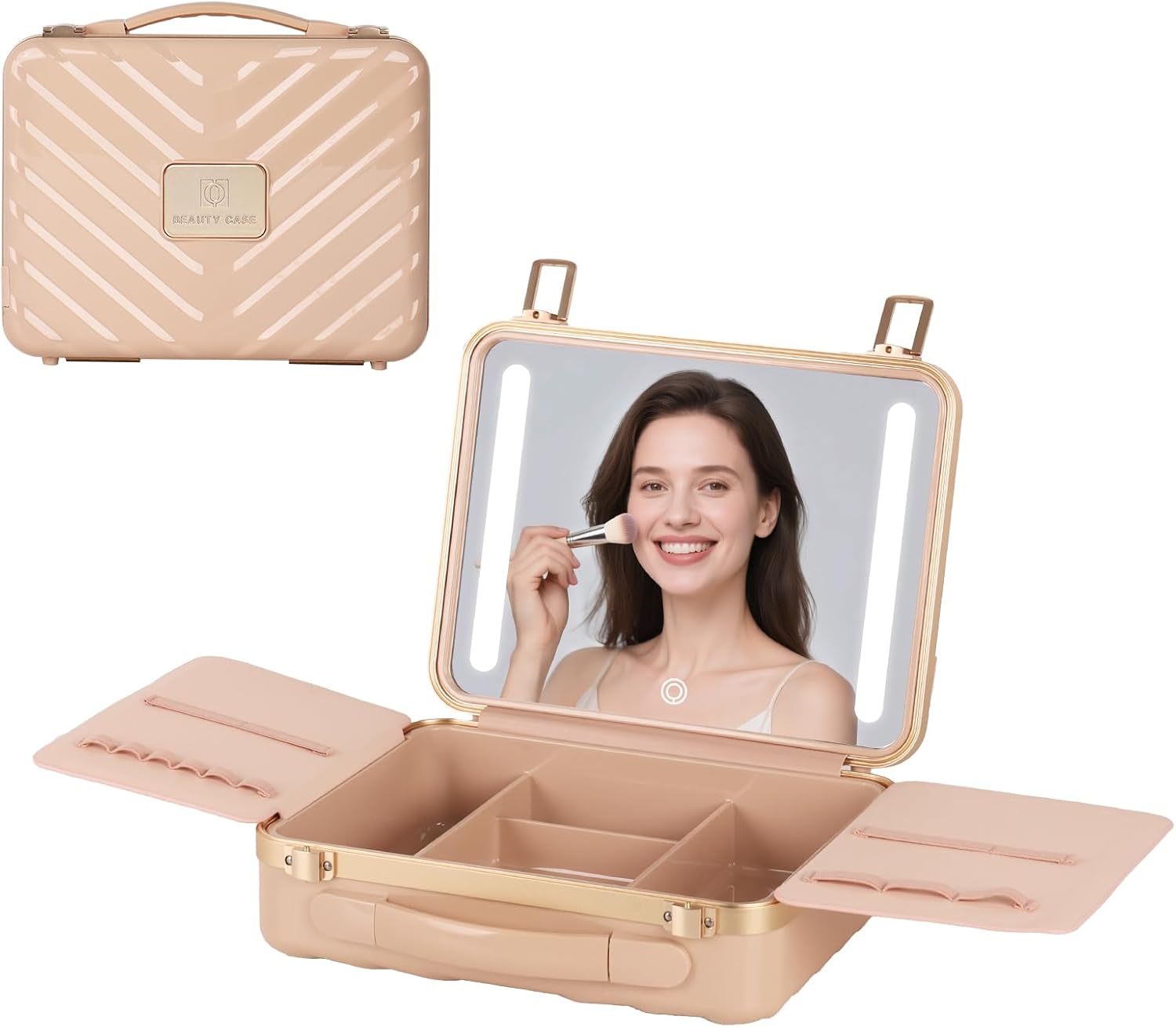 BEAUTY CASE Makeup Case with 4K LED Mirror, 12 Inch Shockproof ABS Hard Shell Cosmetic Organizer Bag, Portable Travel Vanity Box with Aluminum Frame, Snap Buckle, Gift for Women Girls, Pink