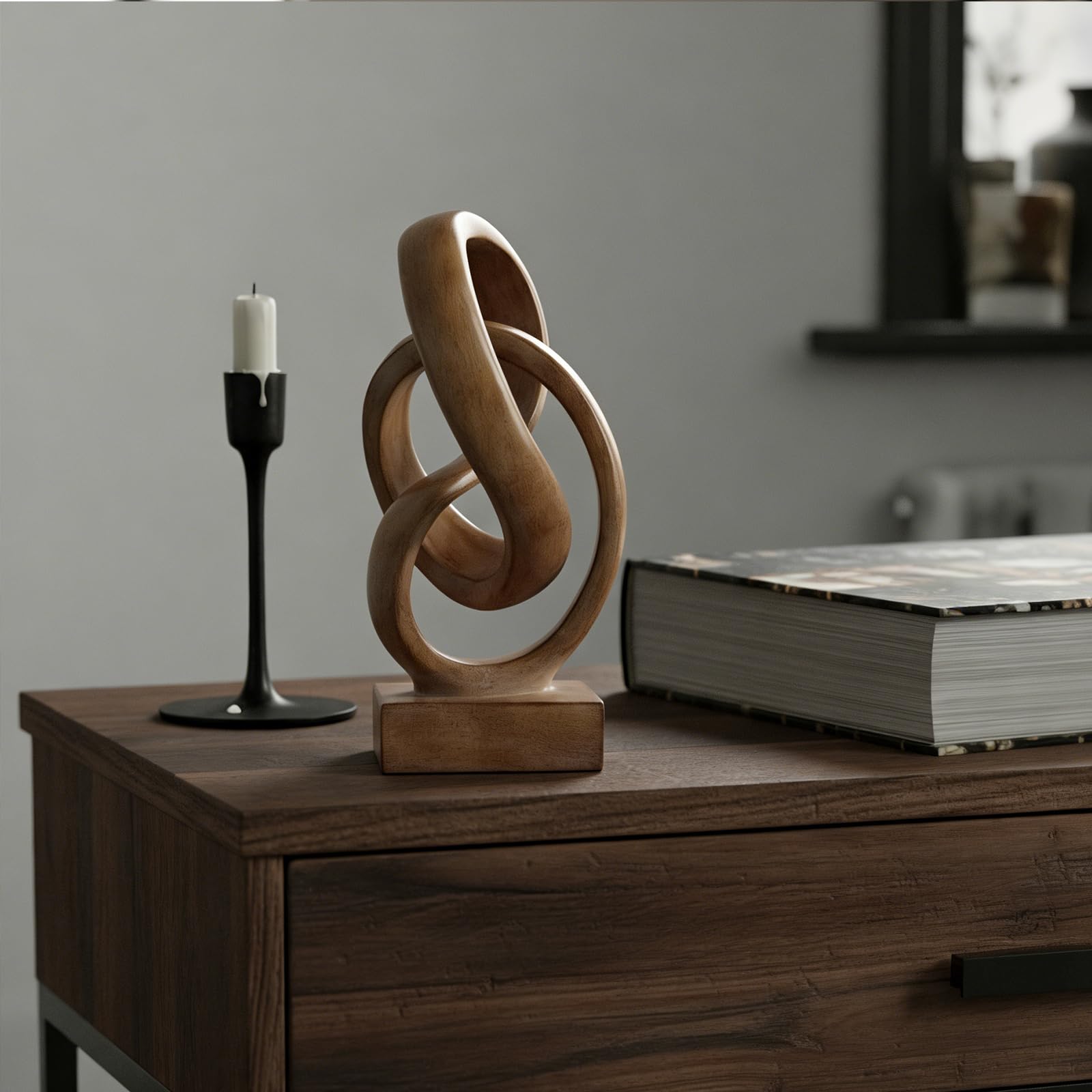 Braune Holzton-Skulptur für Heimdekoration, moderne Knotenstatue, moderne Kunstharz-Kunstdekoration für Regal, Couchtisch, Eingang, Konsole, Bücherregal, Kaminsims, Wohnzimmer
