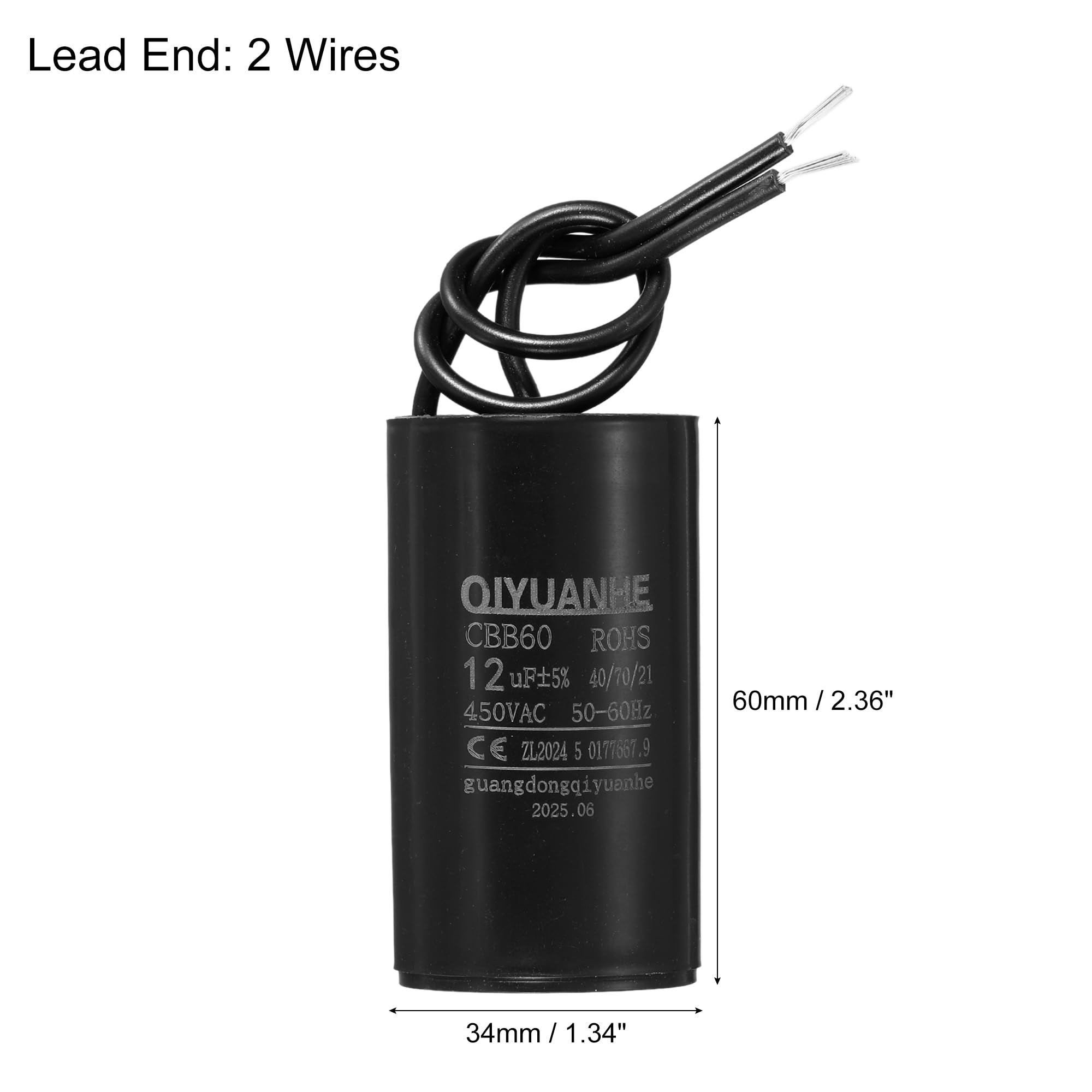 QUARKZMAN CBB60 kondensator roboczy 12uF 450 V AC, 2 przewody, 50/60 Hz, cylindryczny kondensator napędowy 34 x 60 mm, do sprężarki powietrza, pompa wodna, kolor czarny