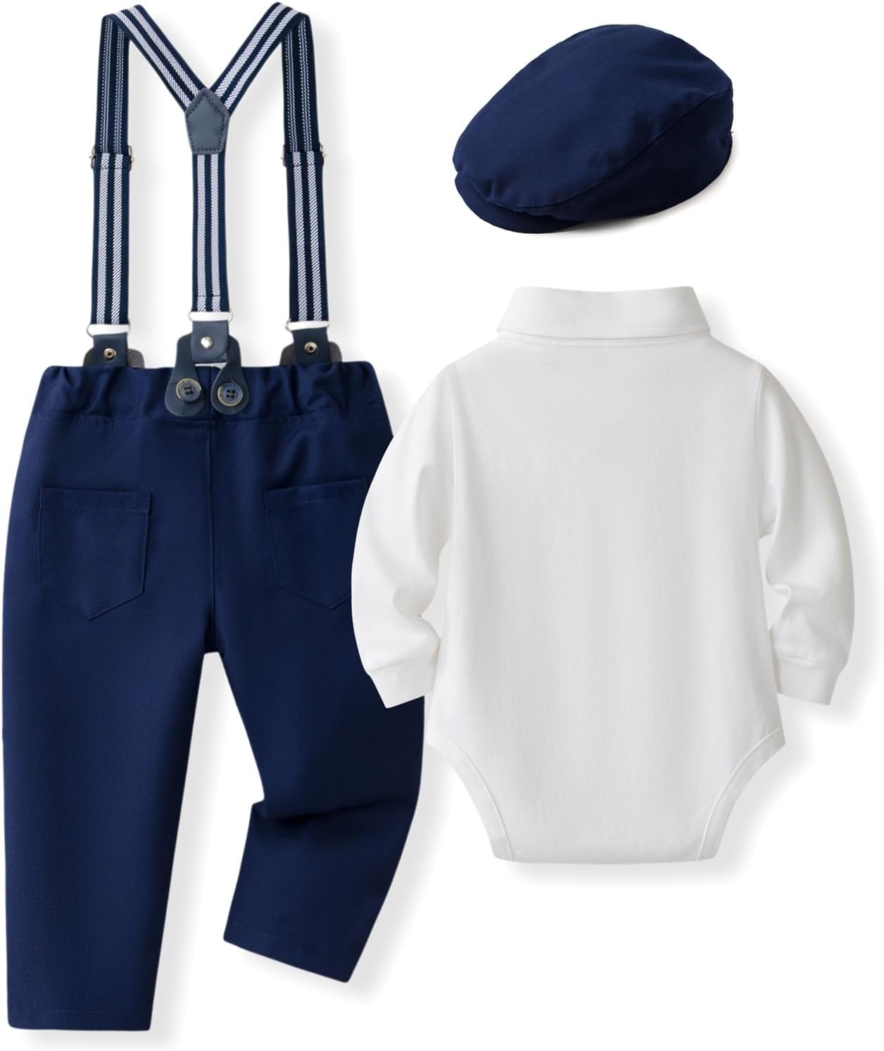 SALNIER Baby Boy Dress Suit Clothes Sets Infant Tuxedo Gentleman Suits Outfits Bowtie Shirt Suspenders Pants Beret Hat - Image 2