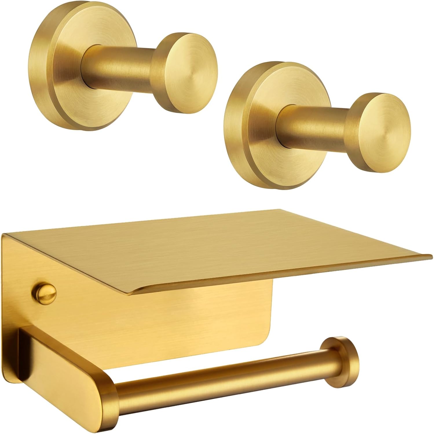 Toilet Paper Holder with Shelf, Coat Hook 2pcs Bundle, APLusee 304 Stainless Steel Wall Mounted Bathroom Accessories Brushed Gold