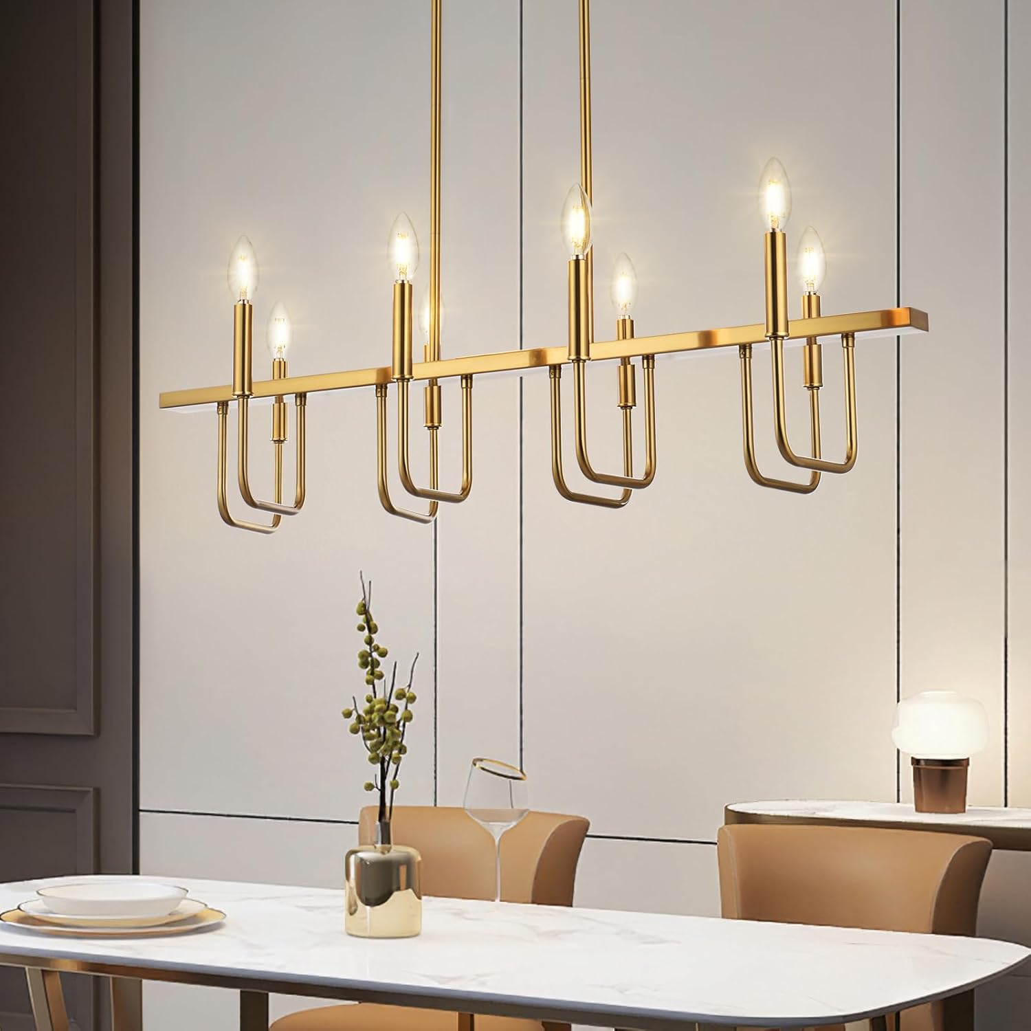 Rectangular Dining Room Light Fixtures Over Table, Linear Chandeliers for Dining Room, 8 Light Brushed Gold Chandelier Modern, Island Lights for Kitchen