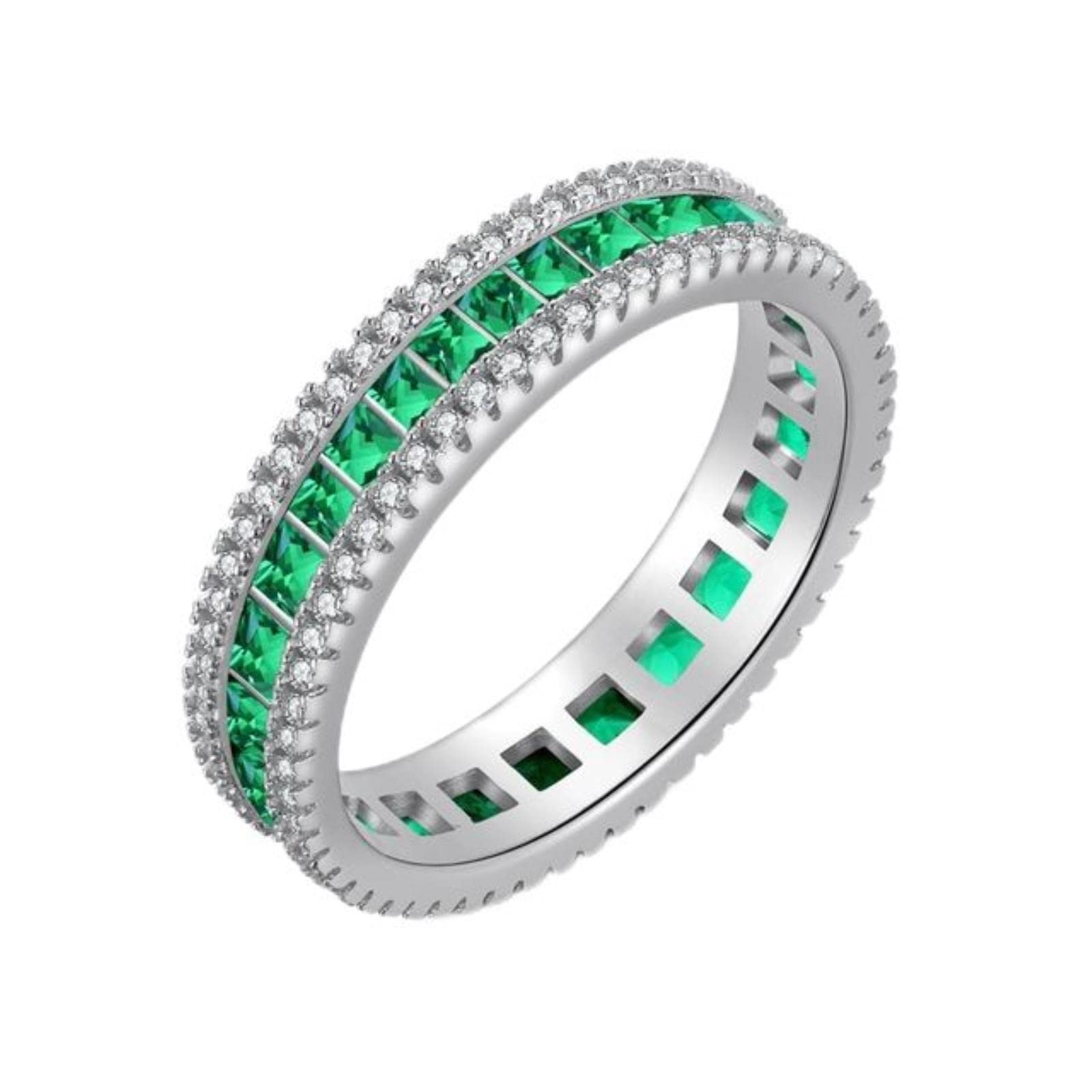 LeRose By Lexi & Rose Sterling Silver Milgrain Band Ring - Lab-Grown Emerald & White Sapphire, Statement Ring