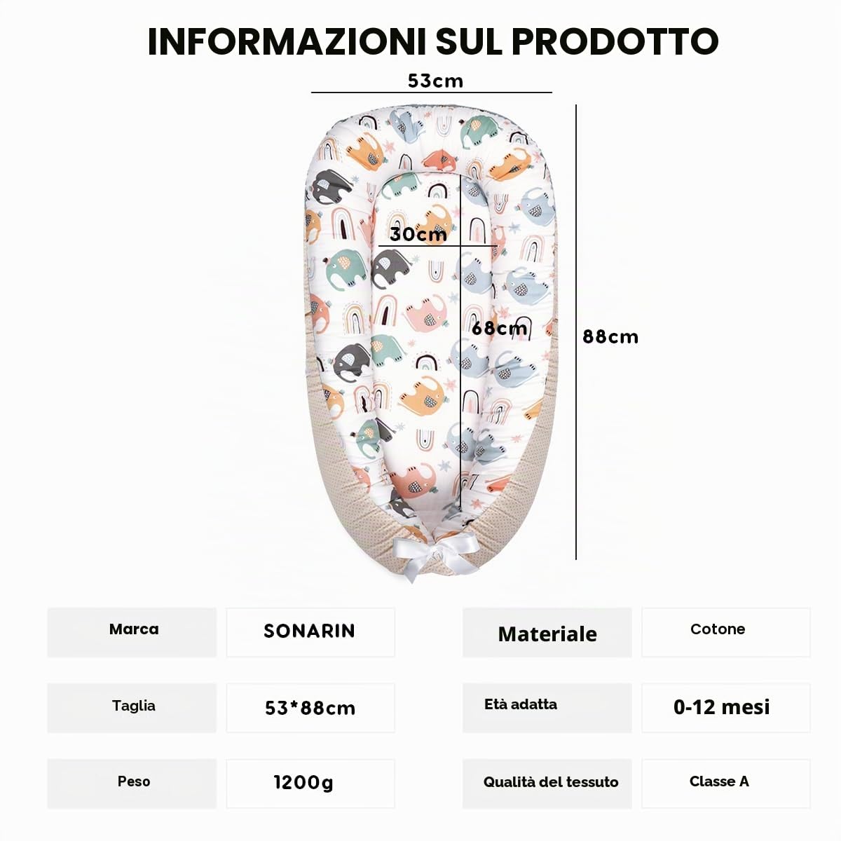 SONARIN Portatile Riduttore Lettino Neonato,88 x 53 cm Baby Nest Nido Neonati Riduttore Culla da Viaggio per Bambini, con100% Cotone Copertura Reversibile Lavabile(Elefante Colorato)