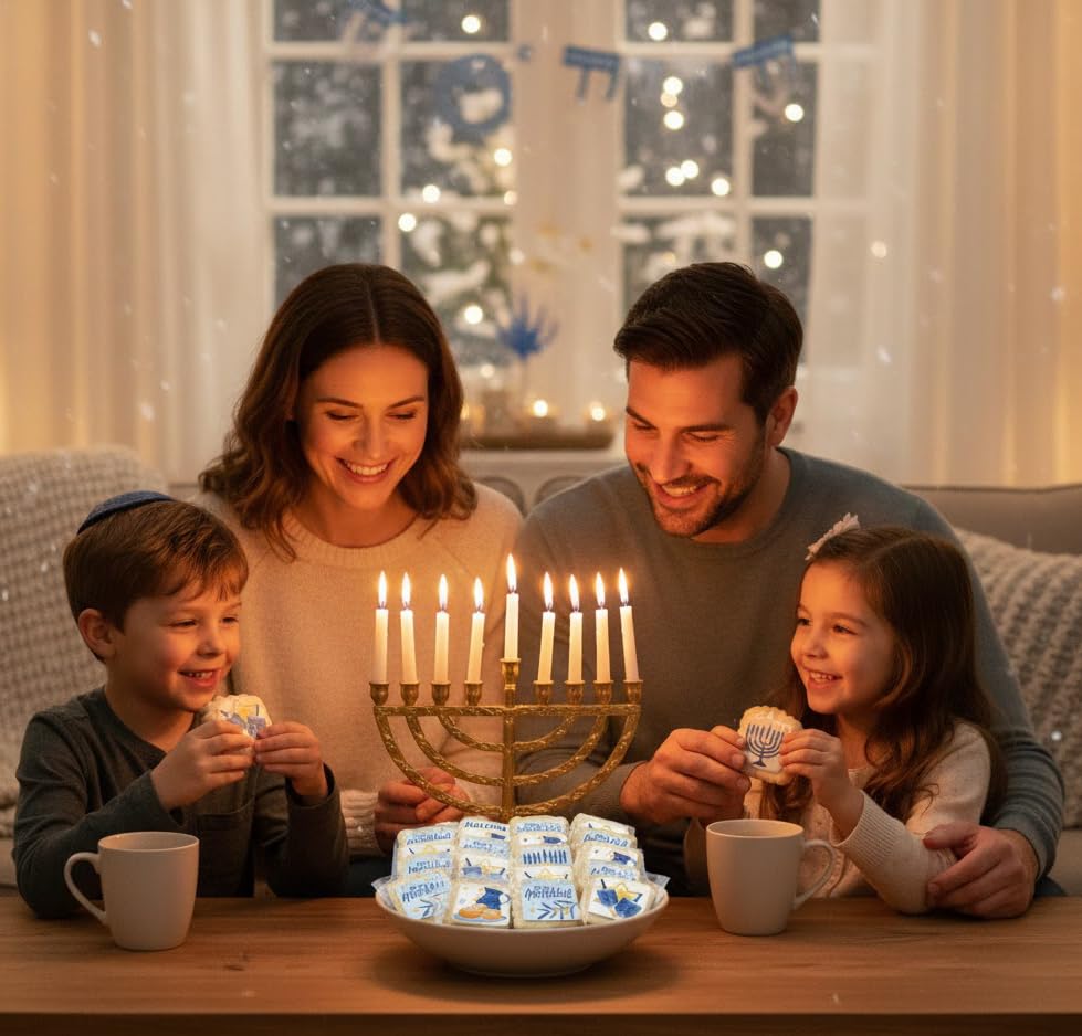Happy Hanukkah Cookies Gift Basket Kosher bulk Party favors for Kids | Jewish Holiday Gourmet Corporate Food Gift INDIVIDUALLY WRAPPED | 24 Decorated Sugar Cookies Menorah Donuts Dreidels - Image 5