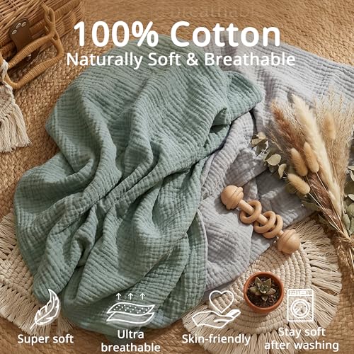 Image of Pro Goleem 2 Pack Muslin Crib Sheets for Boys and Girls, Soft Breathable Neutral Fitted Cotton Baby Bed Sheets Set for Standard Crib Mattress & Toddler Mattress 52 inchx28 inch, (Grey&Green)
