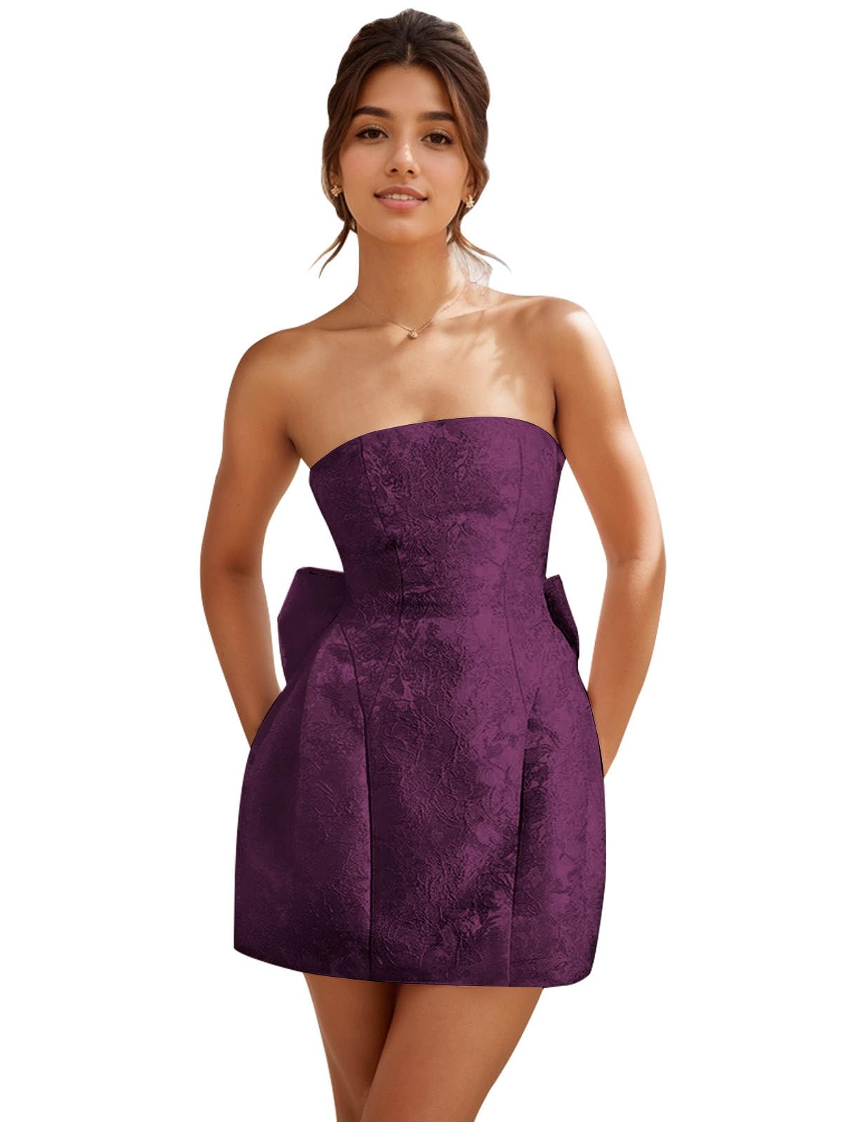 BONOYUER Satin Strapless Homecoming Dresses for Teens Embroidery Short Cocktail Mini Party Dresses with Bow