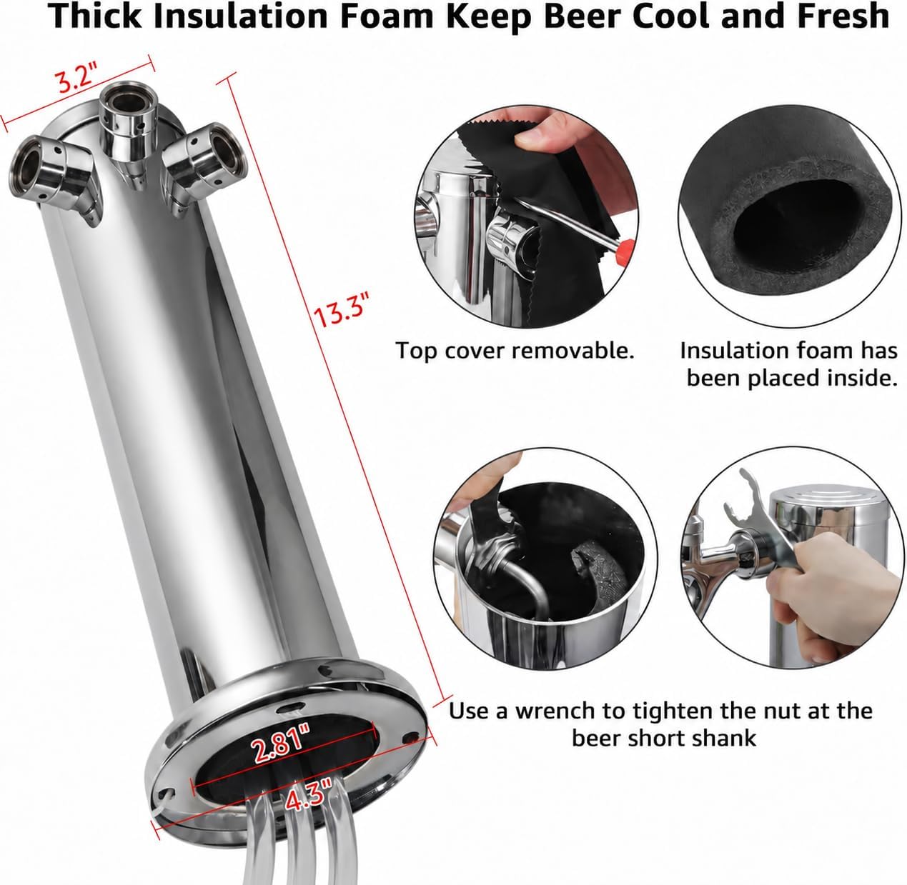 Triple Tap Kegerator Tower, Beer Tap Tower with PVC Beer Drip Tray Mat