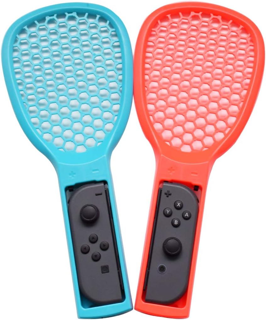 Tennis Racket for Nintendo Switch Joy Con Controller Enhance Grips with Hand Straps for Tennis Aces and Tennis World Tour Games Jazane Tennis Racquet for Games (Pack 2, Blue and Red)