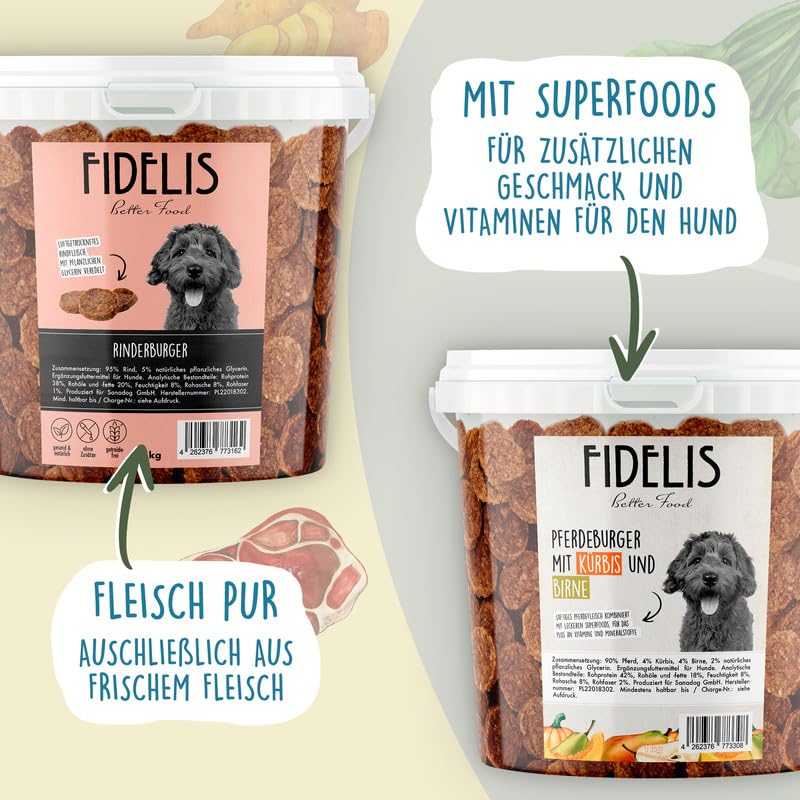 Fidelis - Kaninchenburger Apfel & Grünkohl für Hunde im praktischen 1kg-Eimer - Luftgetrocknete Hunde Leckerlis aus 100% natürlichen Rohstoffen