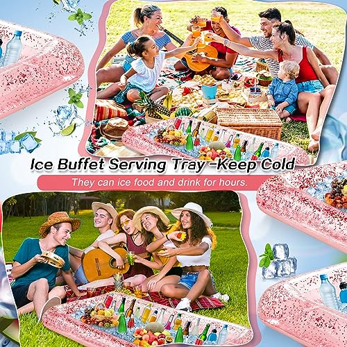 Leitee 3 Pcs Inflatable Serving Bar 52 x 24 x 5'' Ice Buffet Serving Tray Drink Cooler with Drain Plug Inflatable Pool Bar for Party Food Drink Holders with a Hand Pump(Glitter Red) - Thumbnail 3