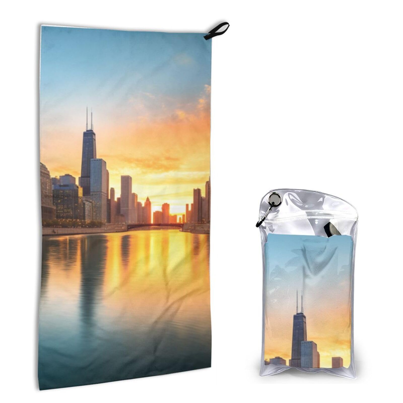 BWWHCCTI Quick Dry Hand Towel With Bag - Chicago Downtown Sunset Printed Super Absorbent Face Cloth Microfiber Travel Sports Towels 40x80cm